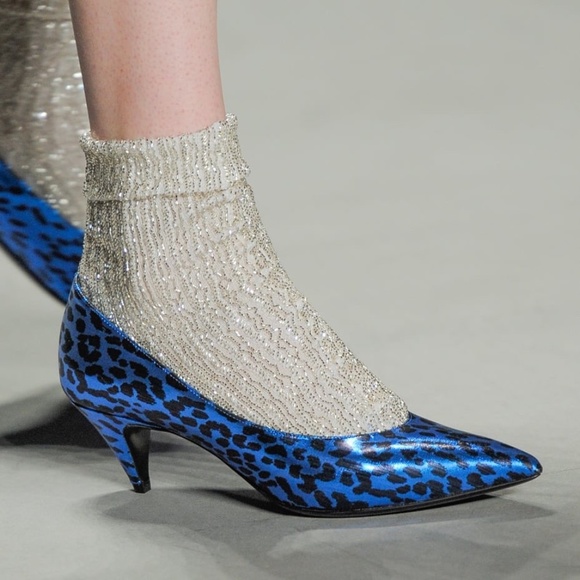 SAINT LAURENT YSL Kitten 50 Pumps Blue & Black Babycat Leopard Print Lurex 37 - Picture 1 of 6